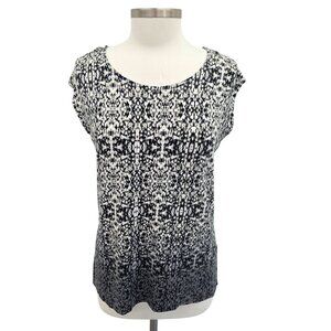 Rose & Olive Tie-Back Sleeveless Knit Top Size L Black & White Abstract Print